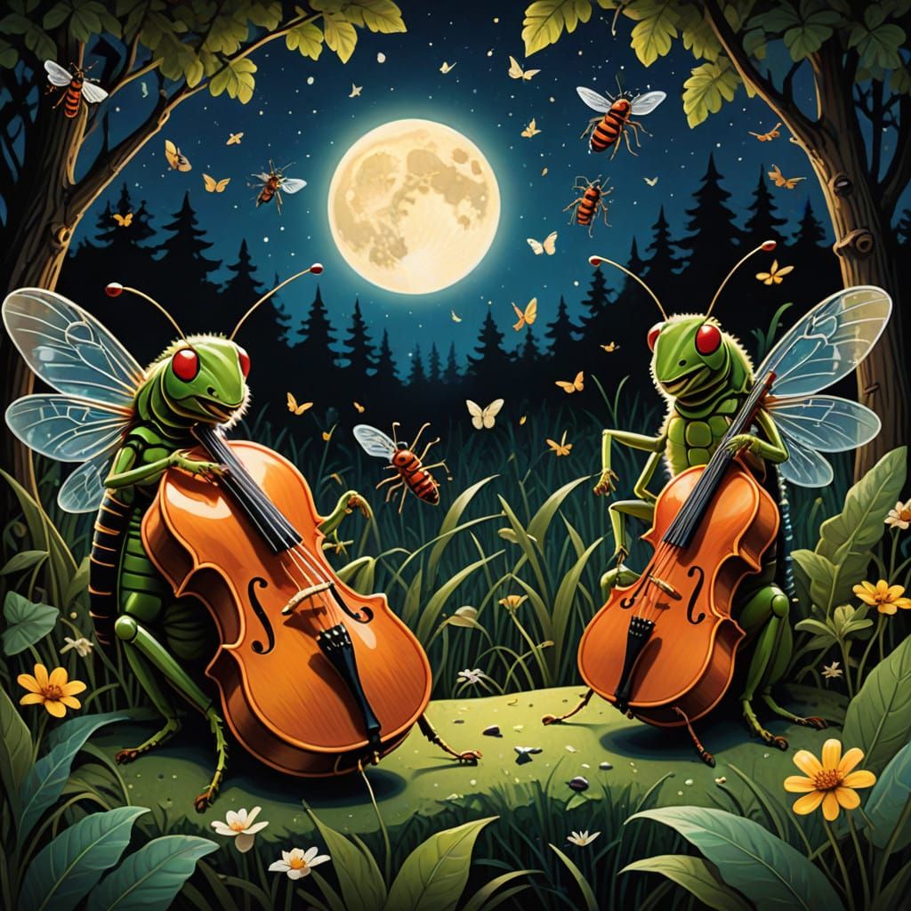 Whimsical Cricket Orchestra Under Starry Night