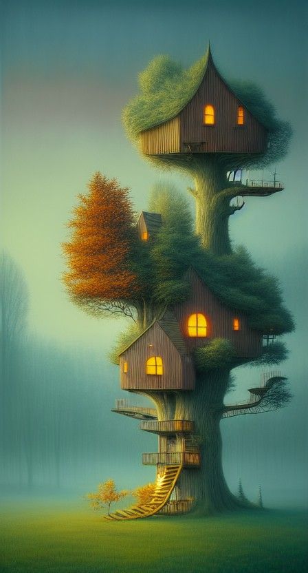 Surreal Treehouse at Night in Pastel Colors