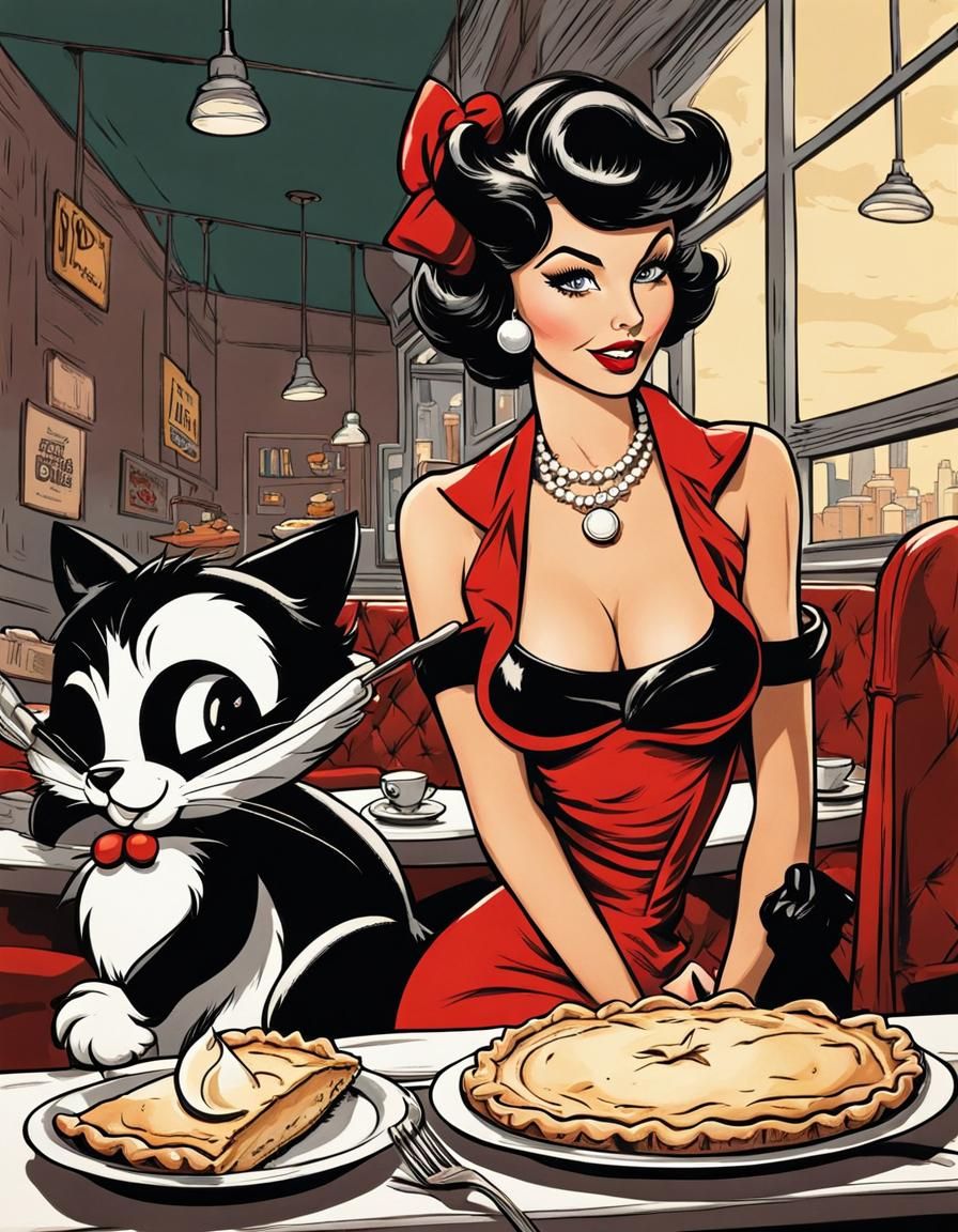Pinup girl and "Felix the Cat" eating apple pie at the diner
