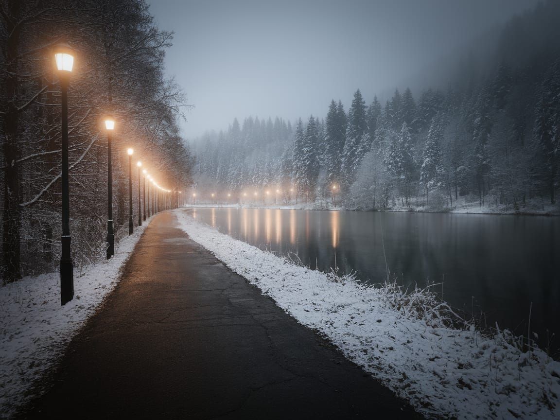 Misty Forest Path Illuminated by Glowing Street Lamps