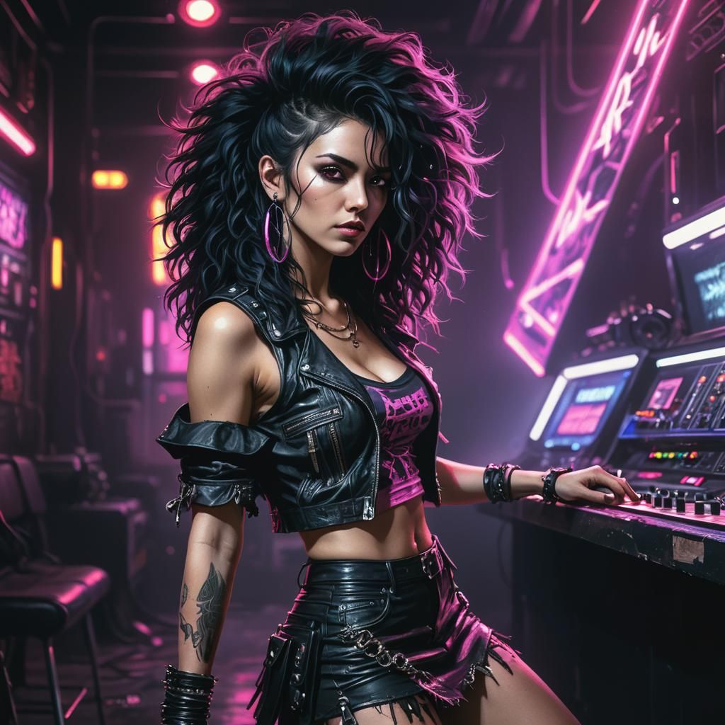 Cyberpunk Rock Star in 80s Outfit with Retro Lights