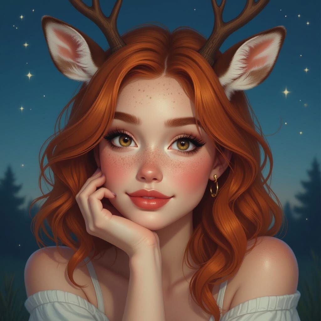 Ginger-haired Woman with Deer Ears in Realistic Style