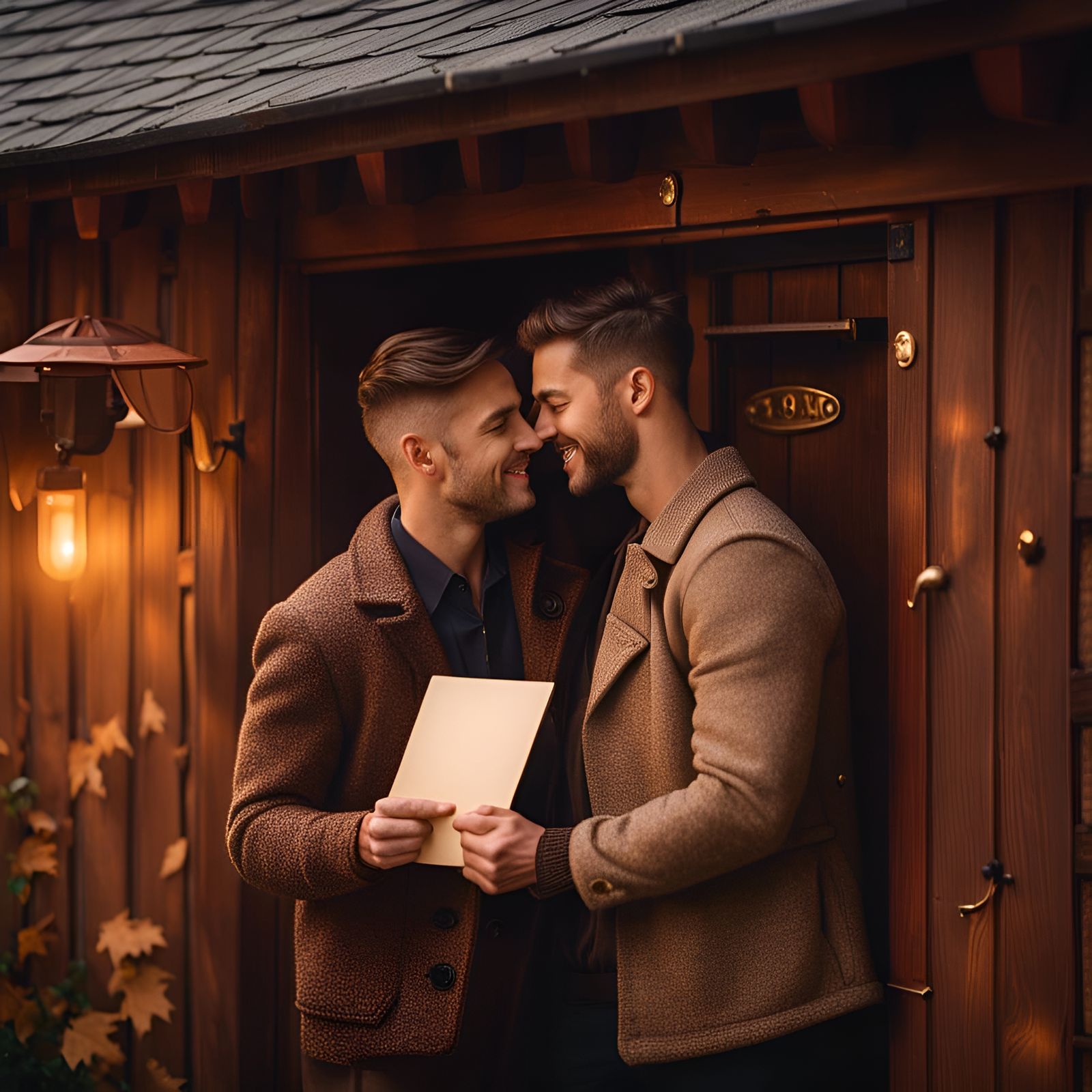 Gay Couple's Cozy Embrace by Cottage Mailbox
