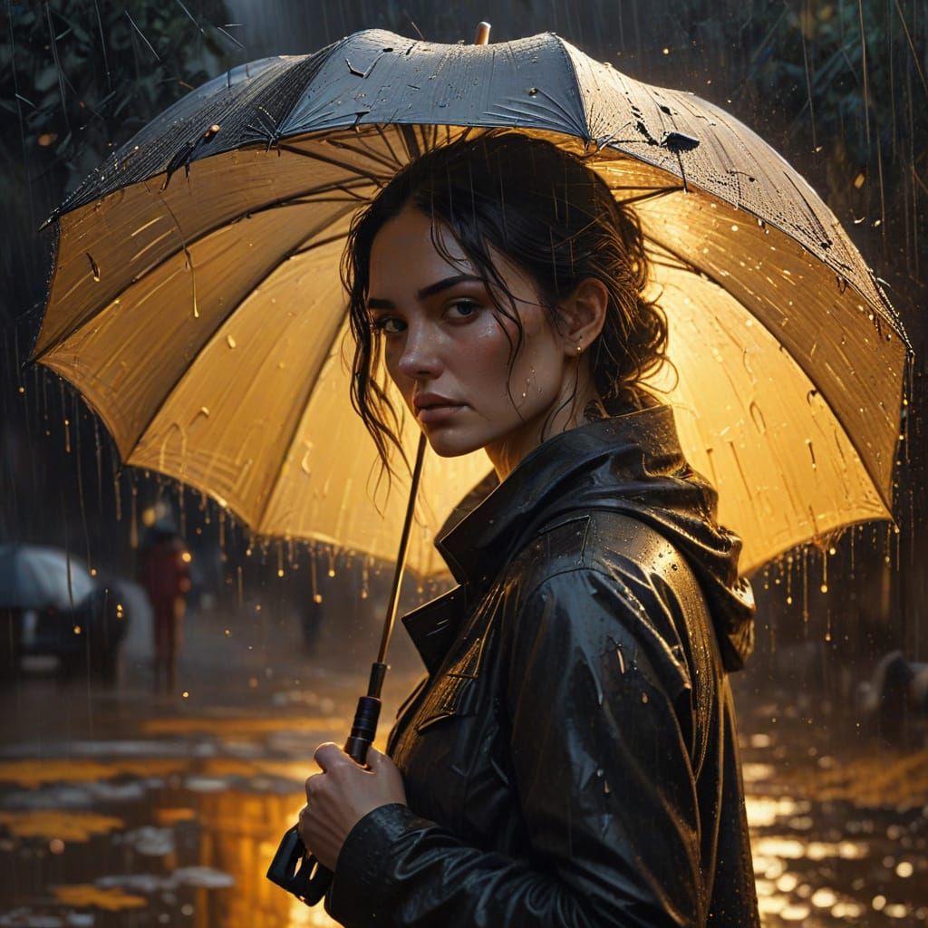 Woman with Umbrella in Rain: Golden Light, Digital Art
