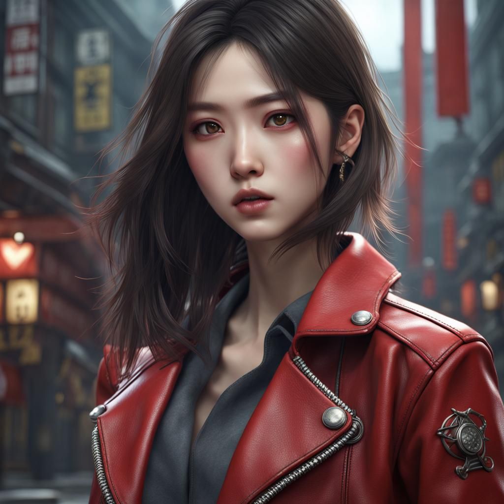 Korean Girl in Red Leather Jacket, Detailed Matte Painting