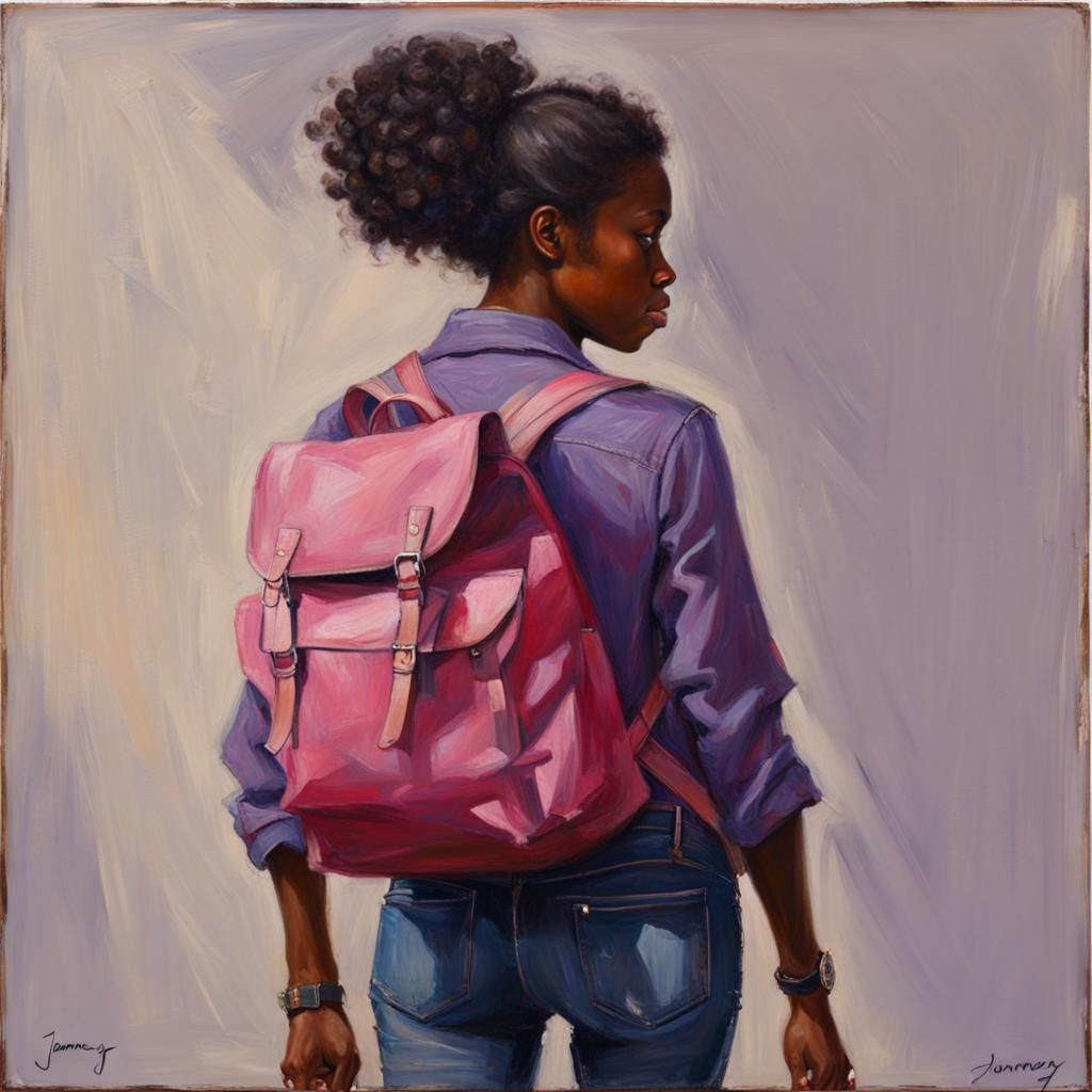 Black Girl Portrait in Jeans, Oil Painting Style