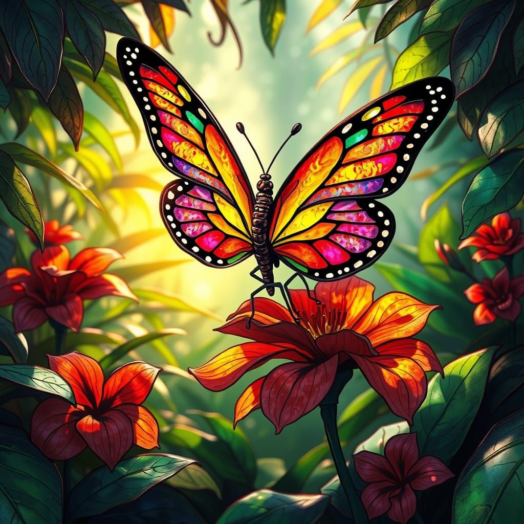 Stained Glass Butterfly on Exotic Flower, Magical Jungle