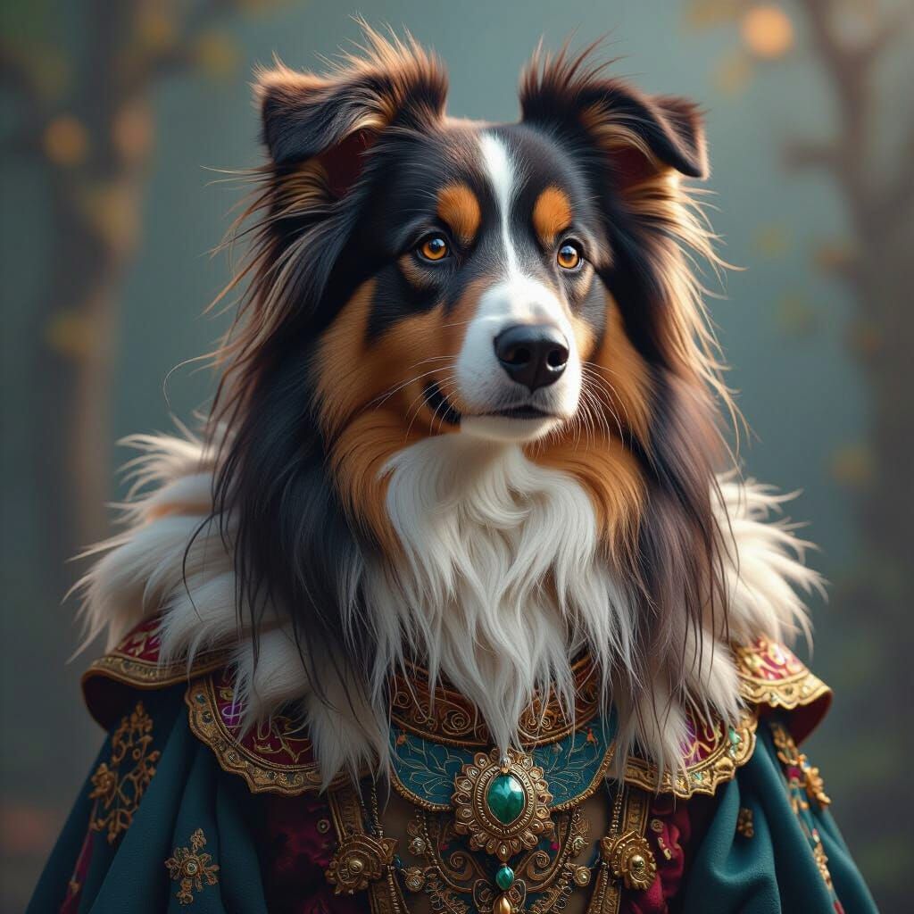Beautiful Long-Haired Dog in Fantastical Costume