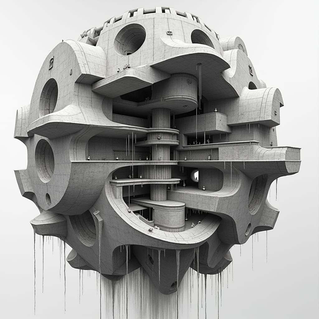 Detailed Charcoal Drawing of Radial Dystopian Building