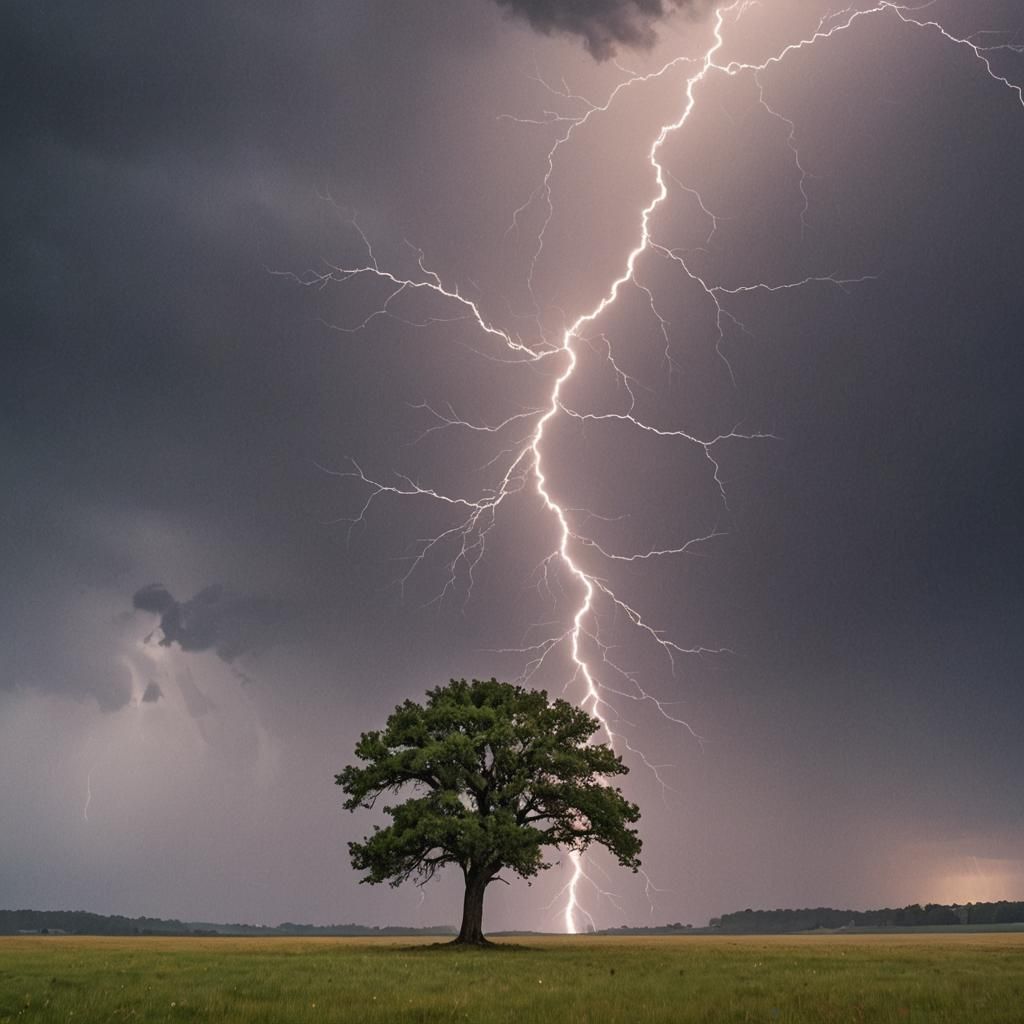 Lightning Strikes Lone Tree in Field