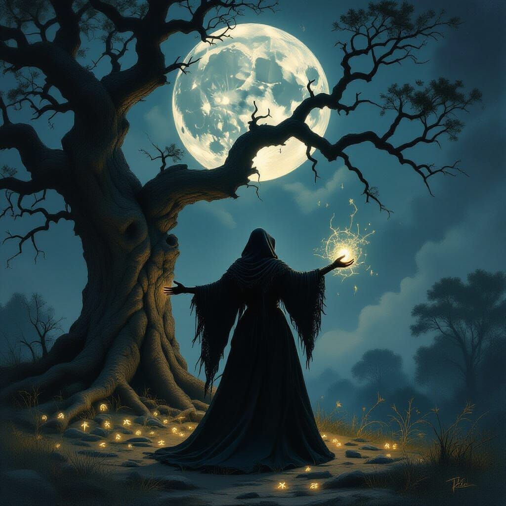 Witch Under Fractured Moon, Oil Painting Style