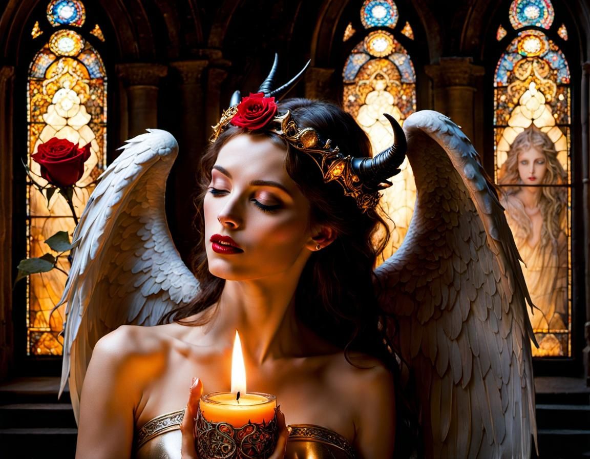 Angel and Demon Kiss in Candlelight, Dark Fantasy Art
