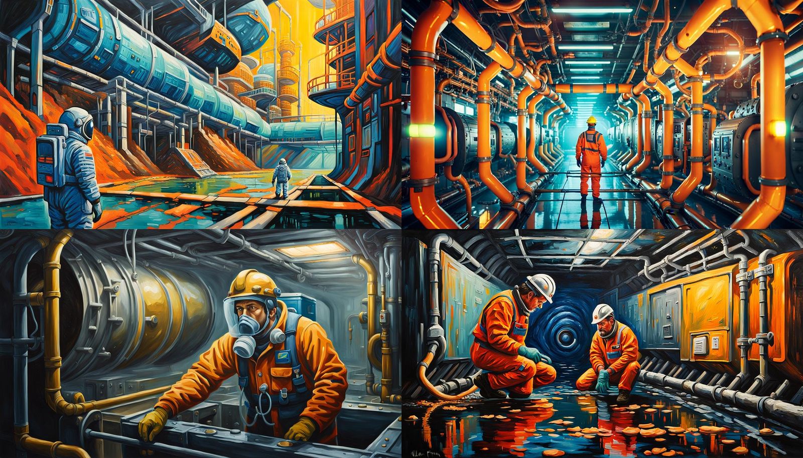 Sewage Worker in Space Station City: Acrylic Painting