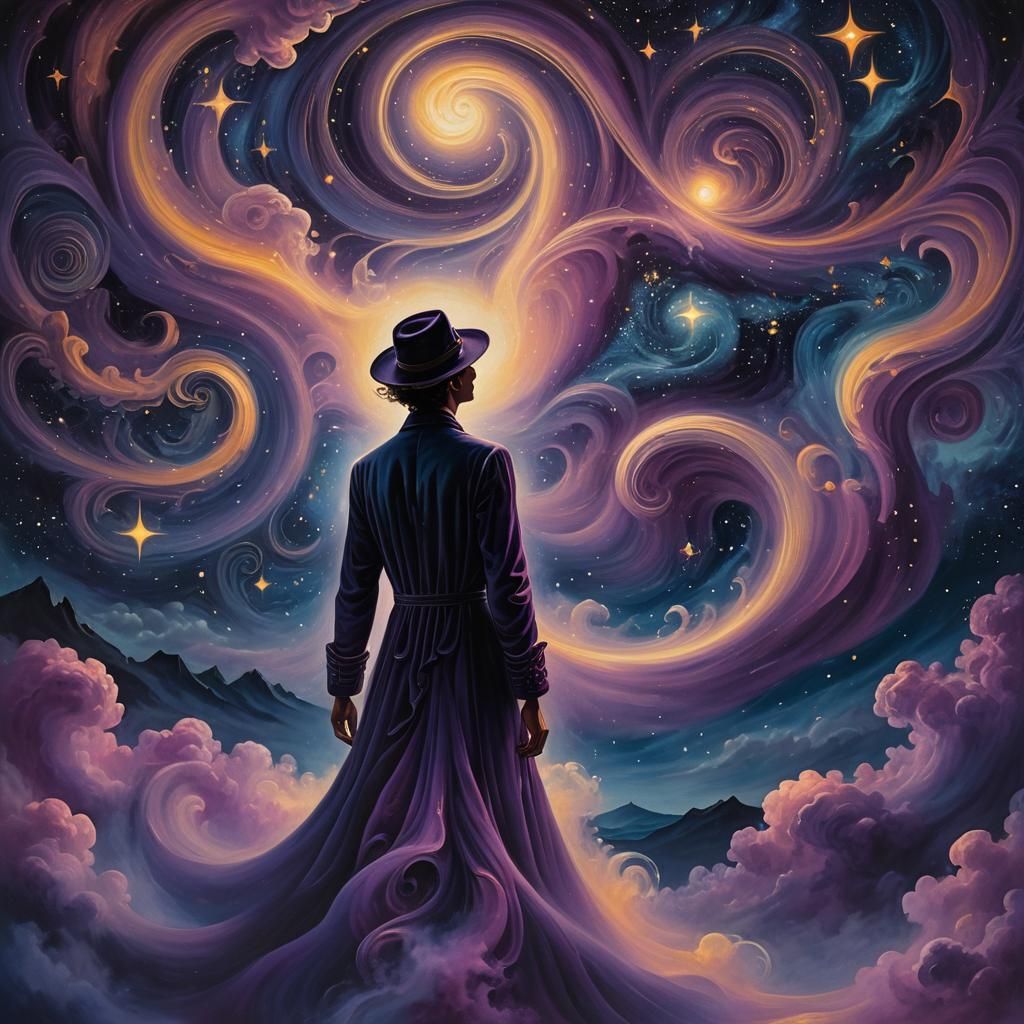 Mysterious Figure in Surreal Starry Night