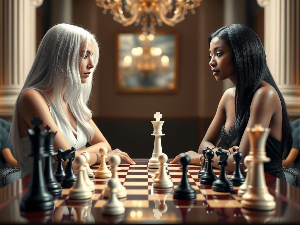 Elegant Ladies Playing Chess in Hyperrealistic Style