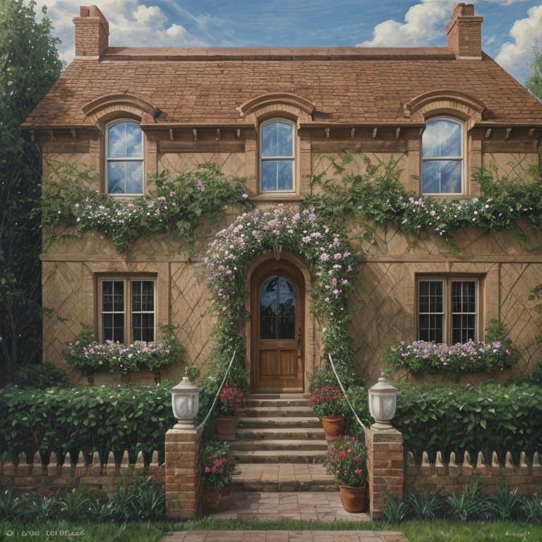 Vine Climbs Walls of a House in Whimsical Oil Painting Style