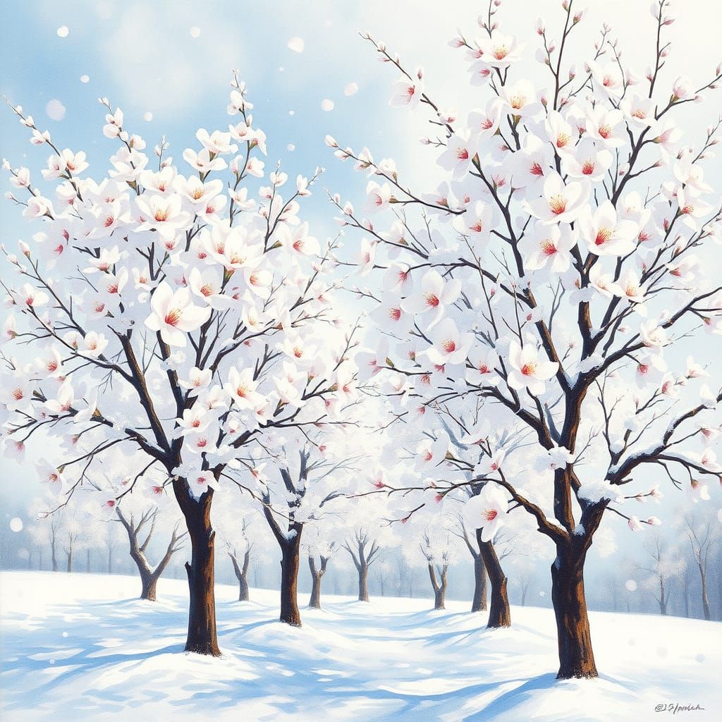 Impressionist Almond Trees in Winter Wonderland