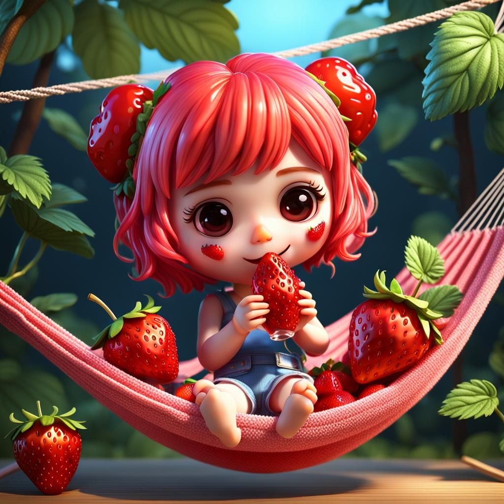 Chibi Strawberry Relaxing with Cocktail in Hammock