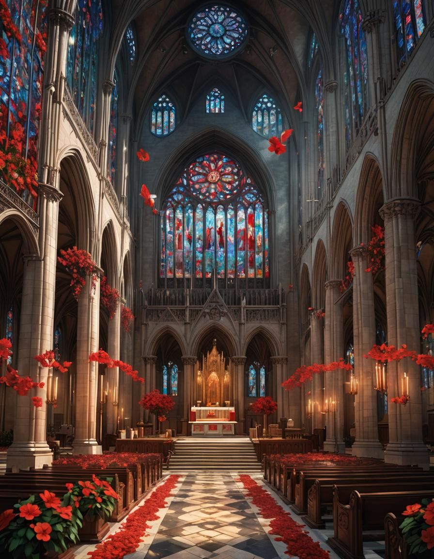 Cathedral Interior with Hibiscus, Anime Style 3D Render