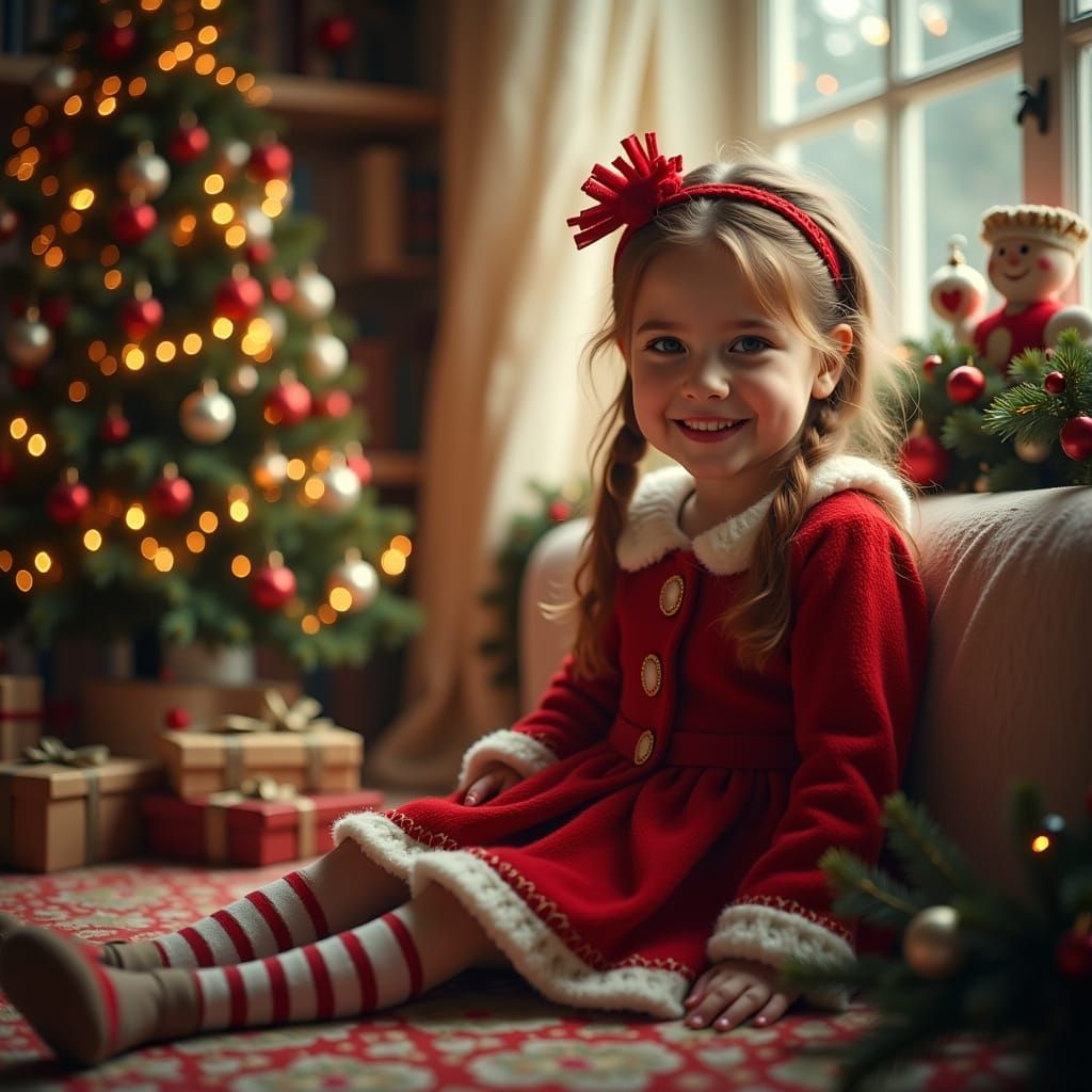 Smiling Girl in Christmas Outfit by Tree