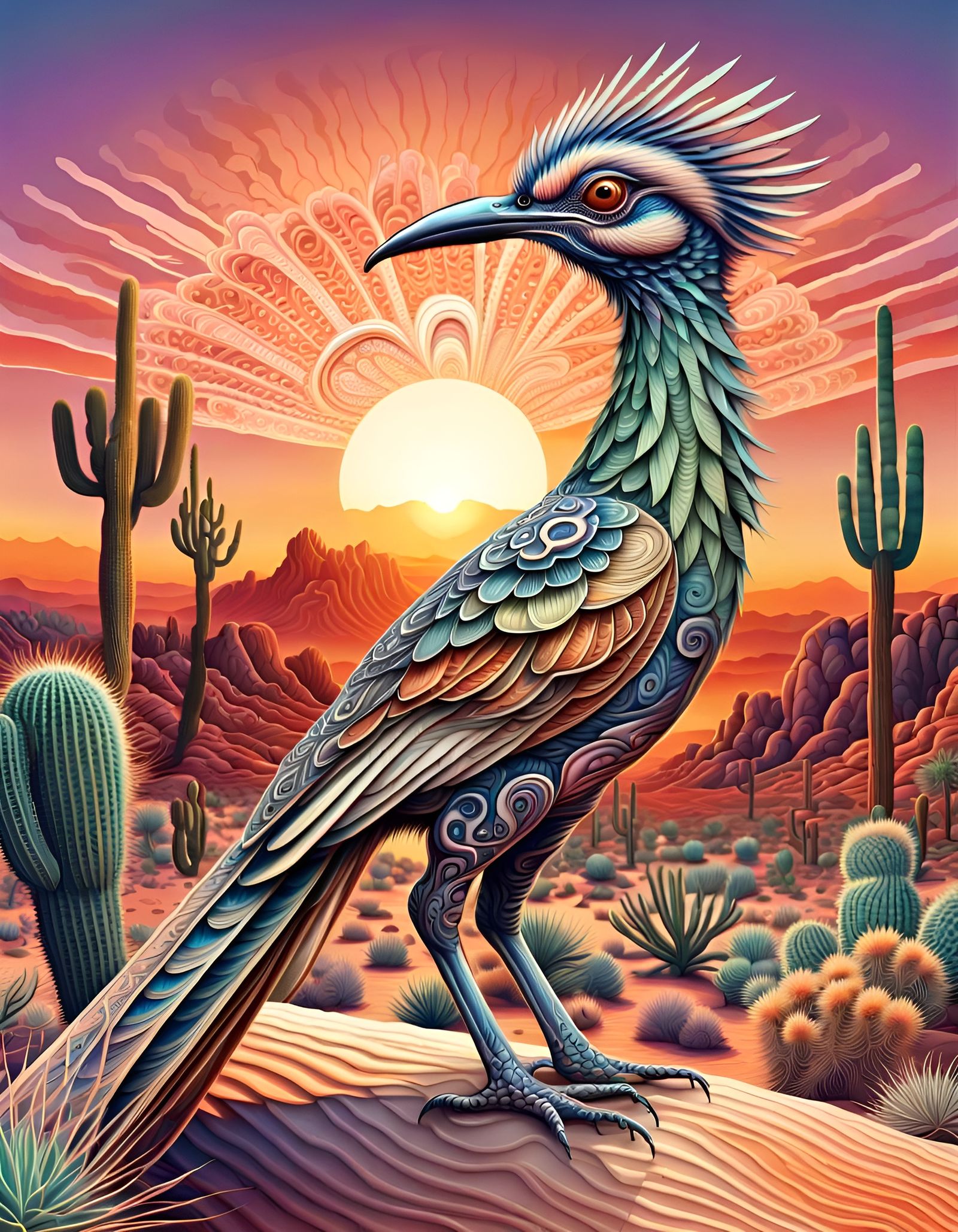 Ornate Roadrunner in Desert Setting, Haeckel Style