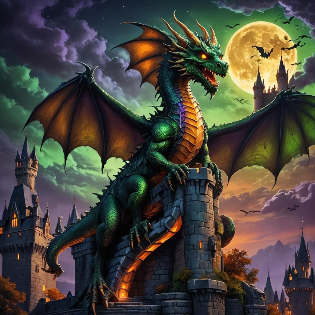 Halloween Dragon Perched Atop Spooky Castle