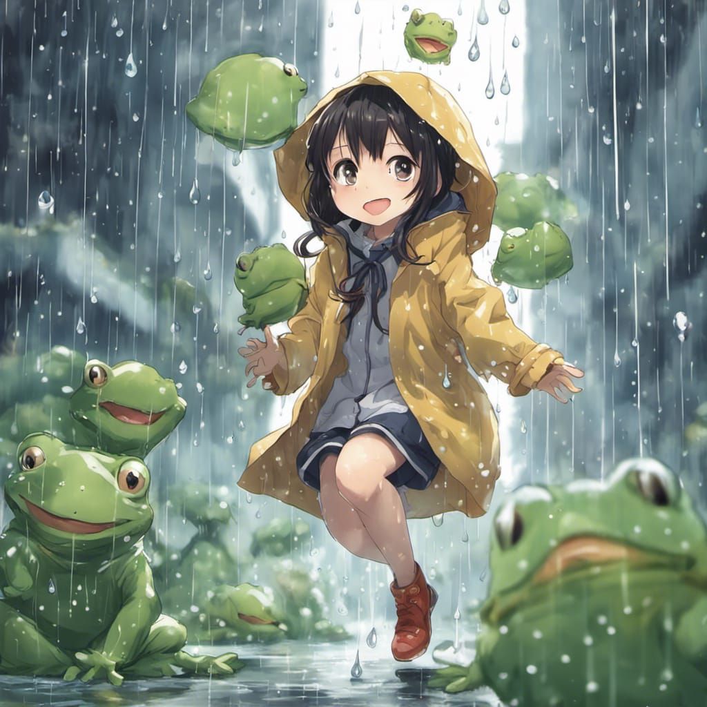 Girl in Raincoat with Frog, Anime Style