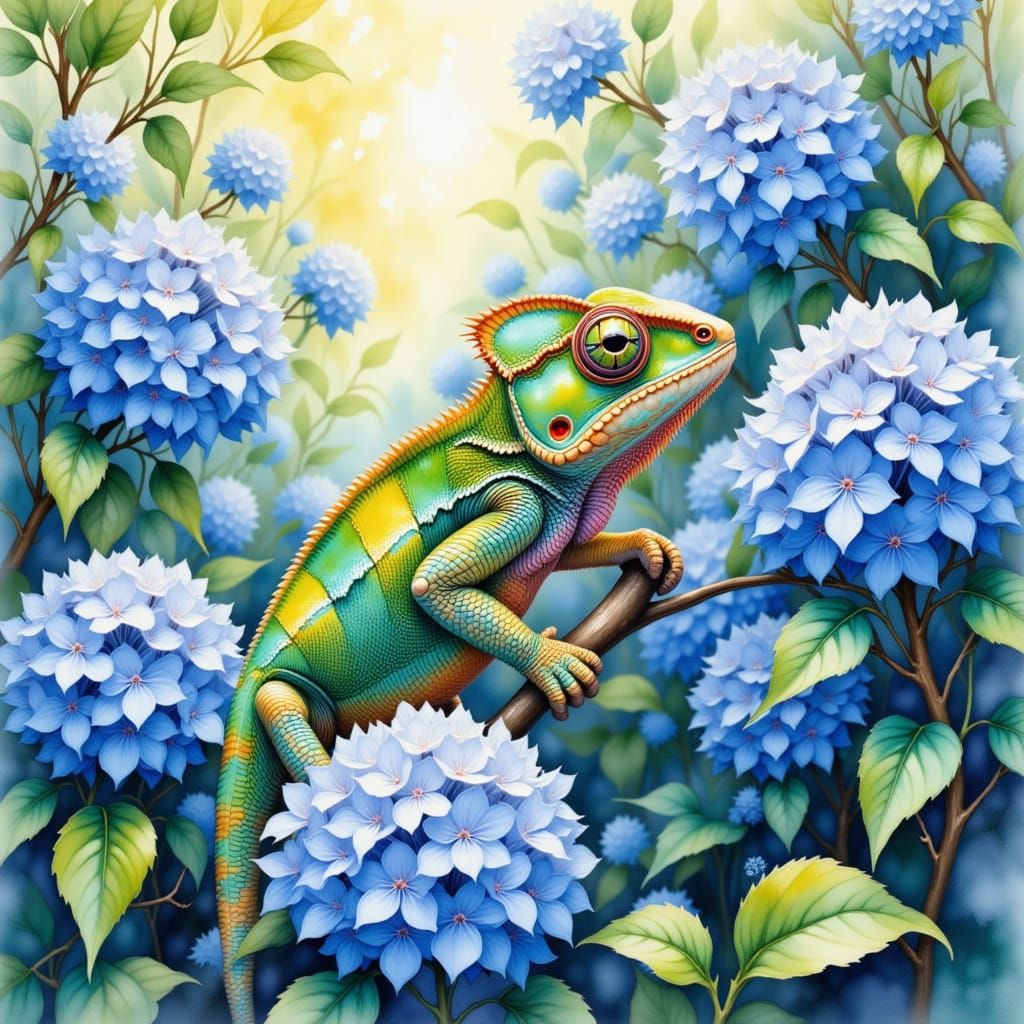 Camouflaged Chameleon in Blue Hydrangea Bush as Gouache Pain...