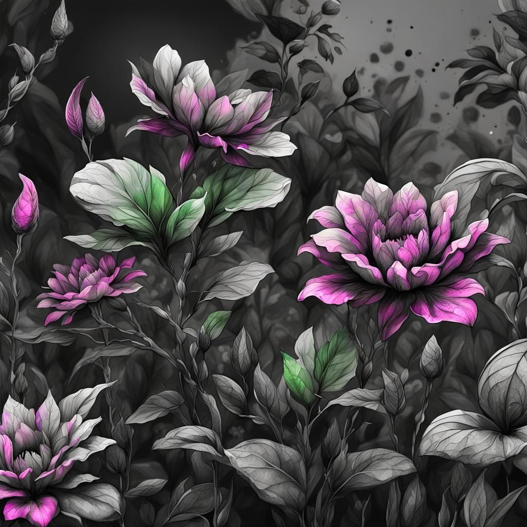 Detailed Ink Floral Drawing in Grayscale