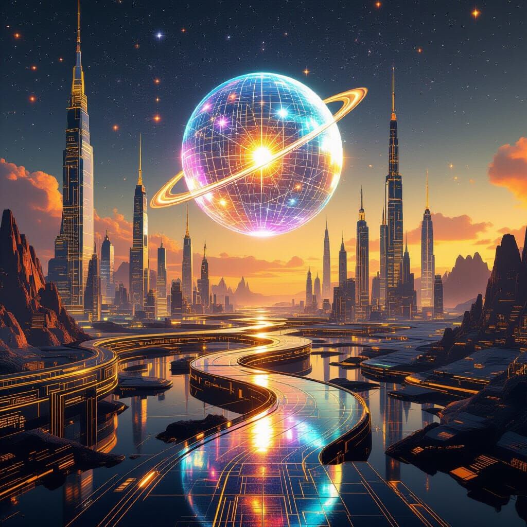 Futuristic Financial Cityscape in Cyberpunk Style