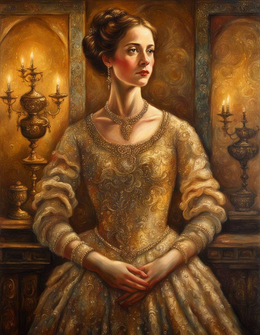 Ornate Encaustic Painting of Woman in Lavish Room