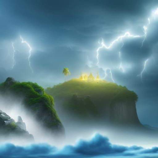 Mysterious Island Landscape Under Thunderstorm