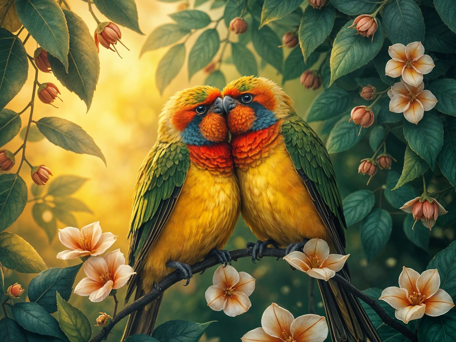 Lovebirds in Vibrant Watercolor Style