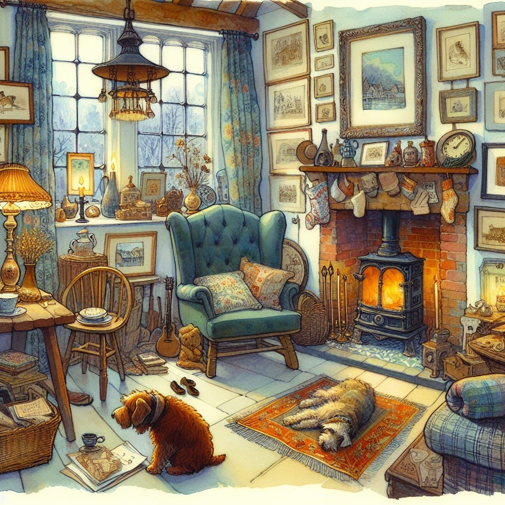 Whimsical Cozy Home Interior in Watercolor Style