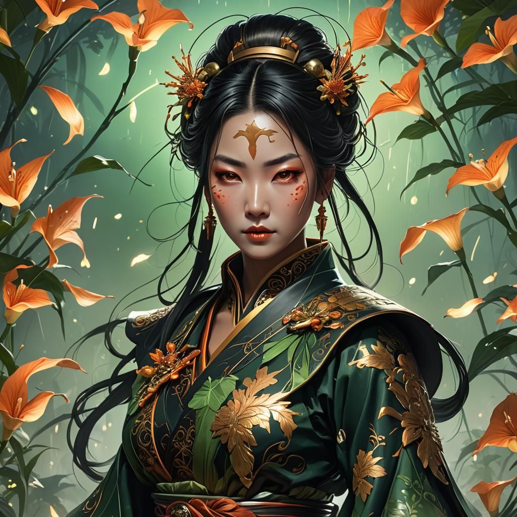 Geisha Warrior Silhouette with Fireflies, Digital Art