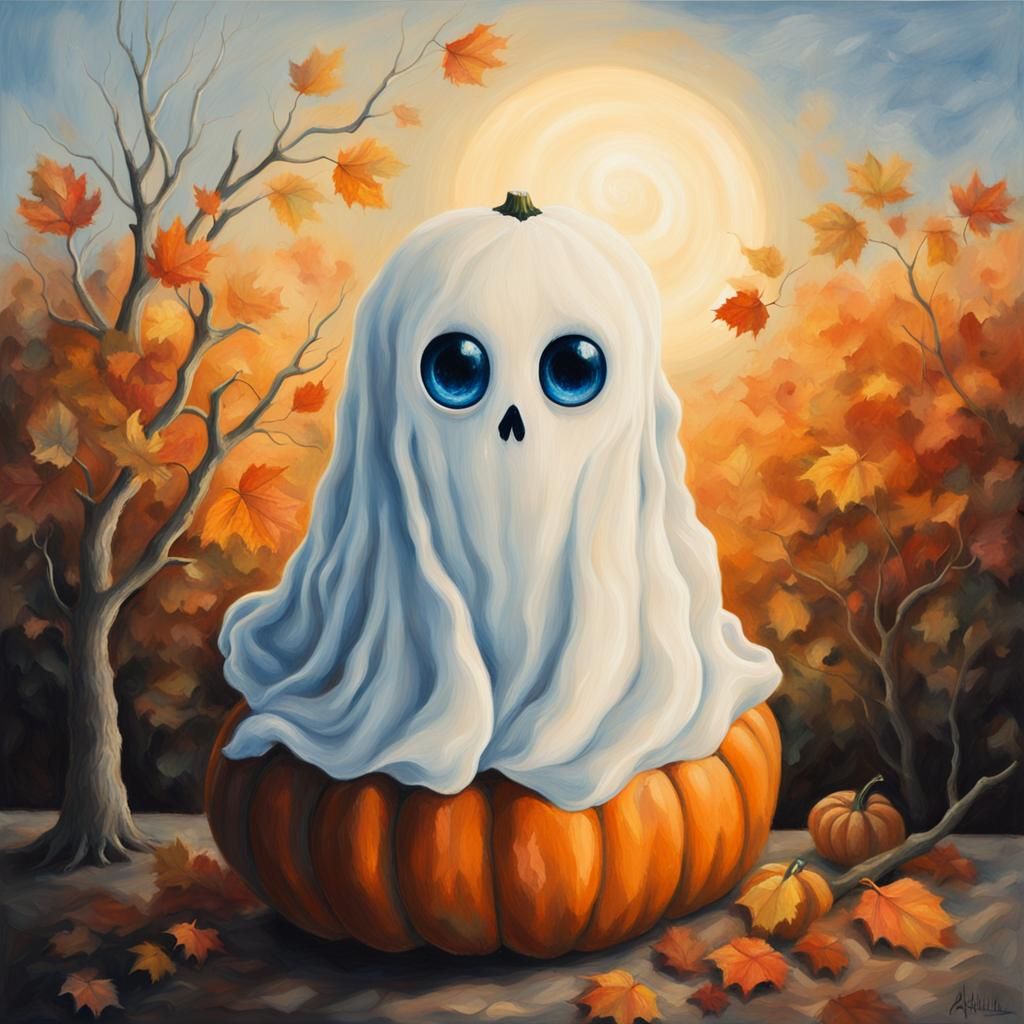 Ghost on Pumpkin in Oil Painting Style