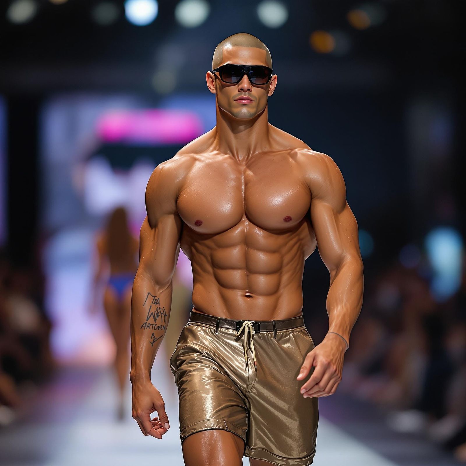 Asian Athlete Confidently Walks Runway in Comic Book Style