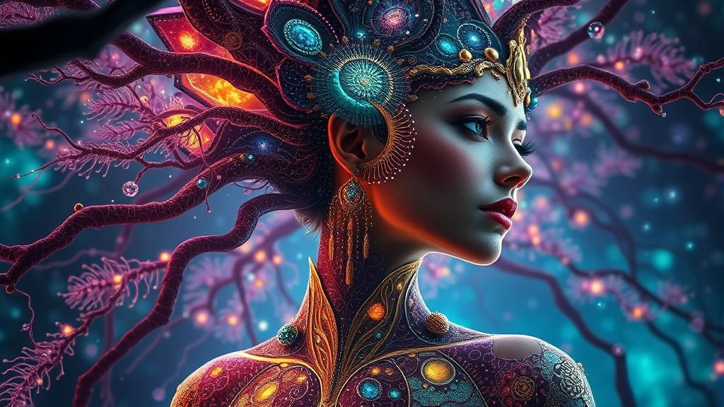 Mycelial Woman in Forest, Detailed Octane Render