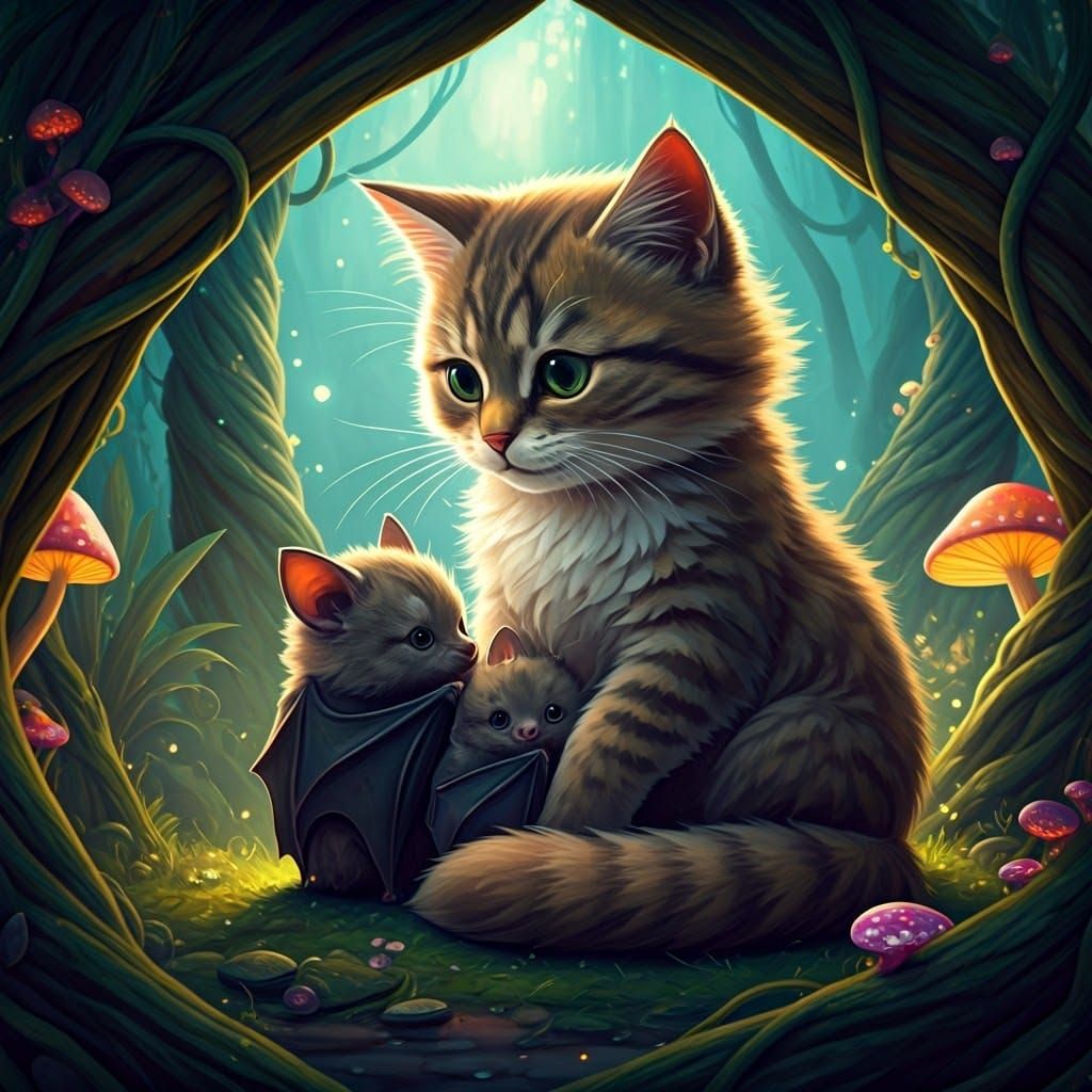 Mother Cat Surrounded by Twisted Vines and Glowing Mushrooms