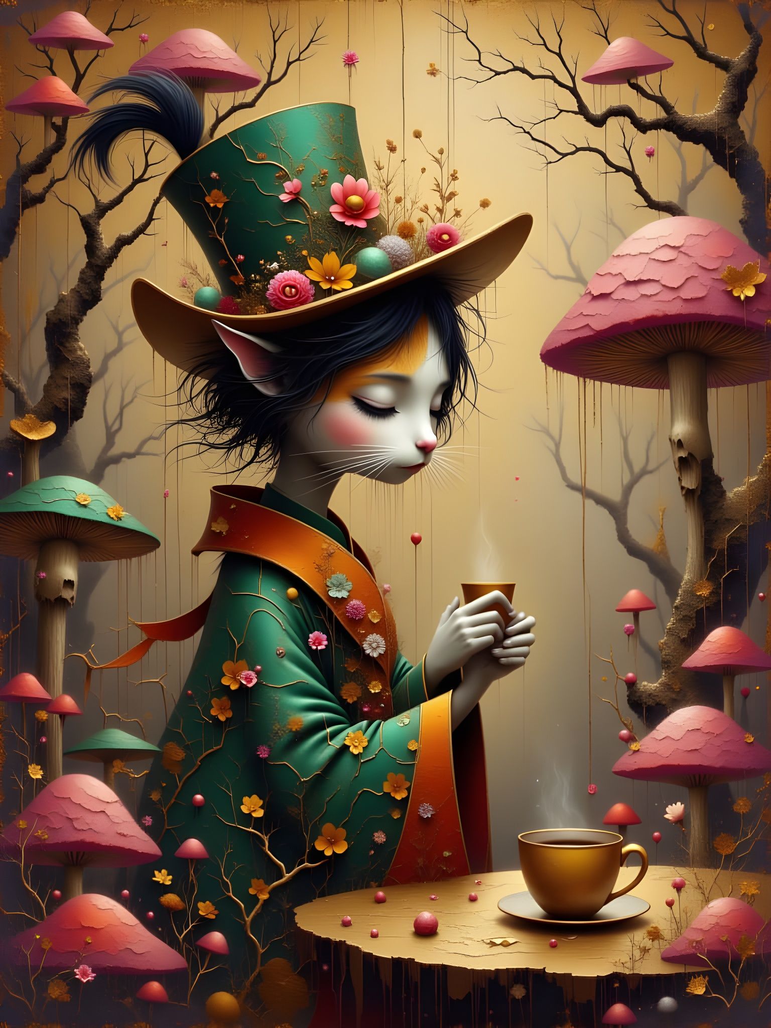 Calico Cat's Tea Party in Mushroom Forest