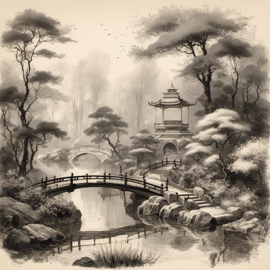 Minimalist Japanese Garden Sketch in Silhouette Style