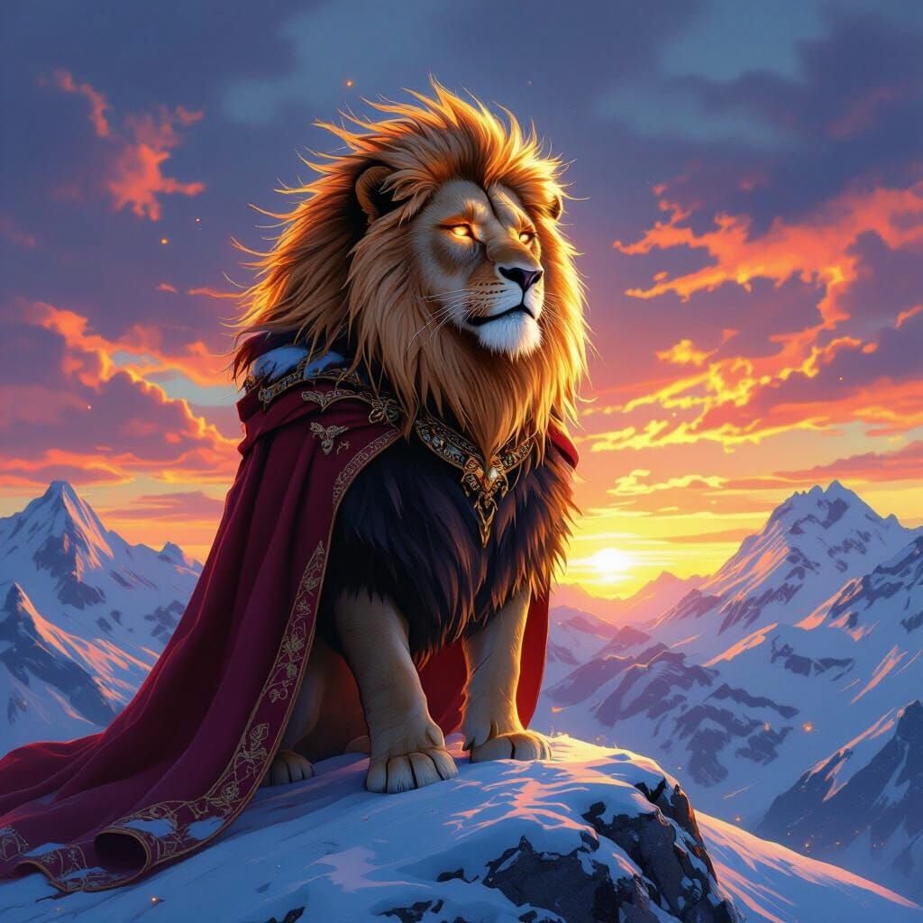 Fiery Lion King on Mountain at Sunset