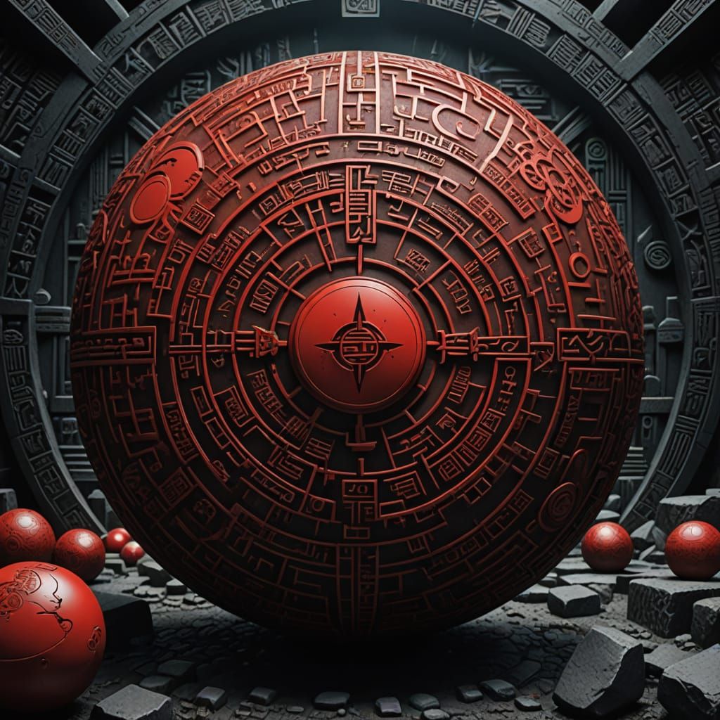 Hyperrealistic Red Sphere in Dystopian Scene