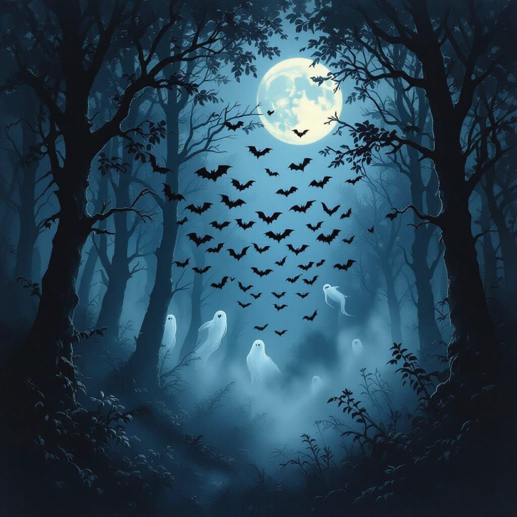 Gothic Forest Scene: Bats and Ghosts Under Full Moon