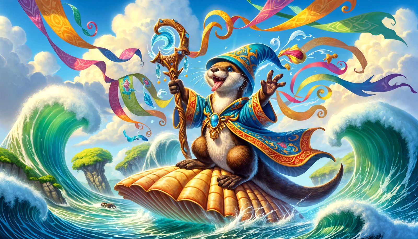 Joyful Otter Wizard Surfing on Seashell