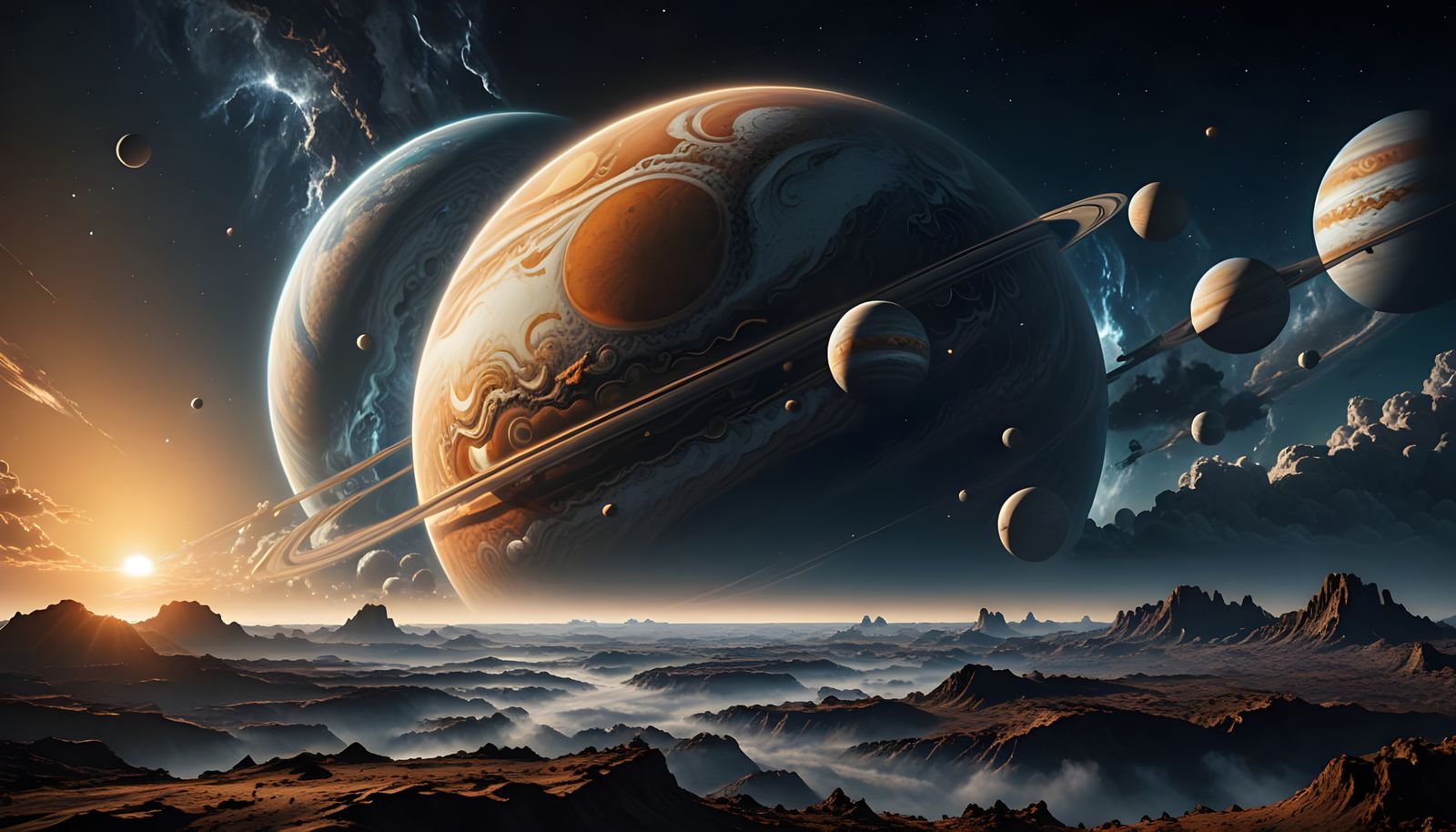 Gas Giant Planet in Cosmic Orbit, Swirling Clouds and Moons