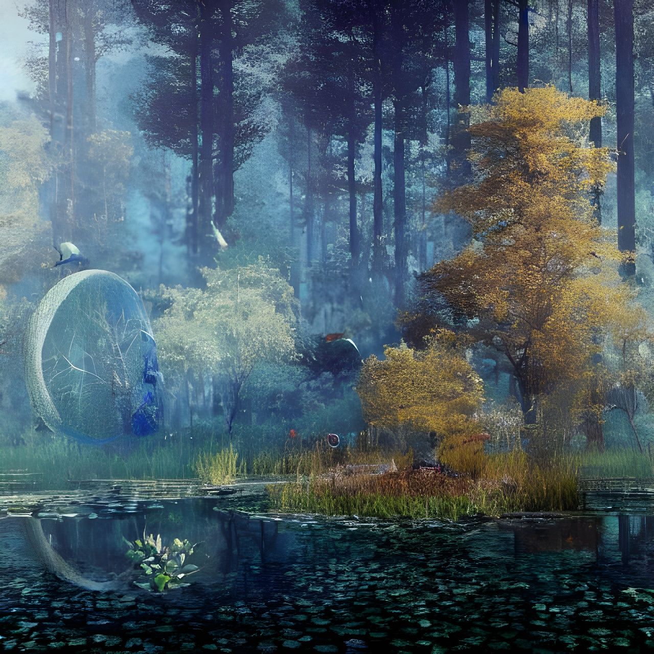Magical Biopunk Garden Landscape in Golden Age Style