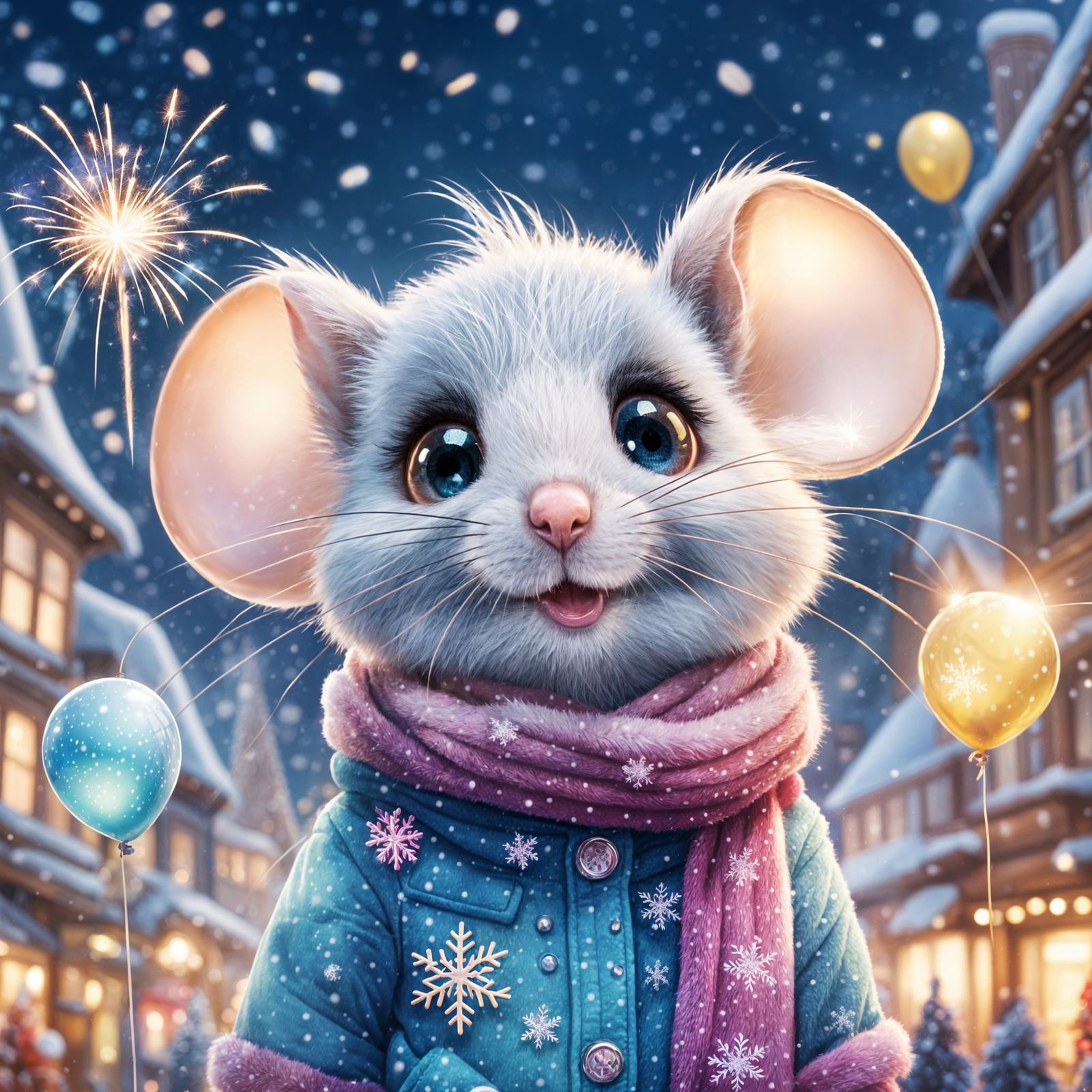 Festive Mouse in Winter Wonderland, Kawaii Style