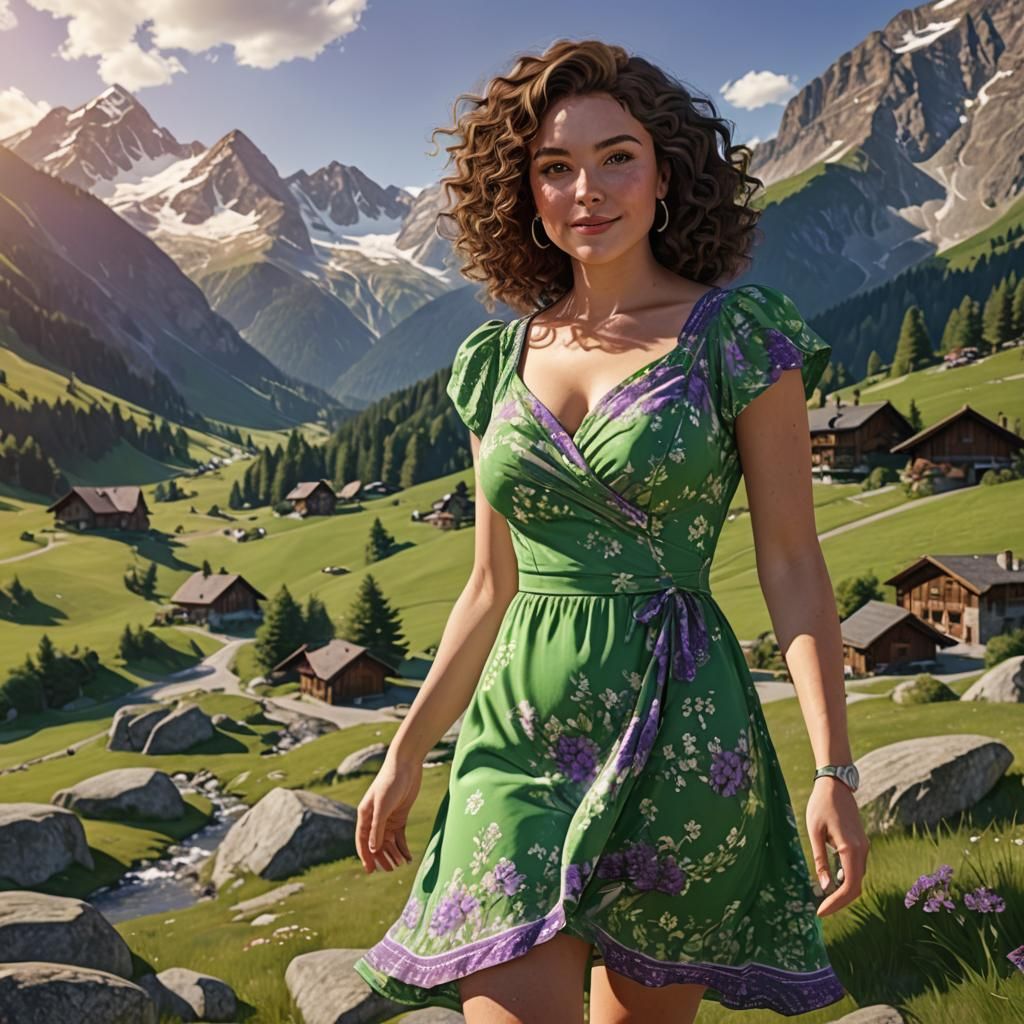 Sunlit Alpine Landscape with Brunette in Purple Dress