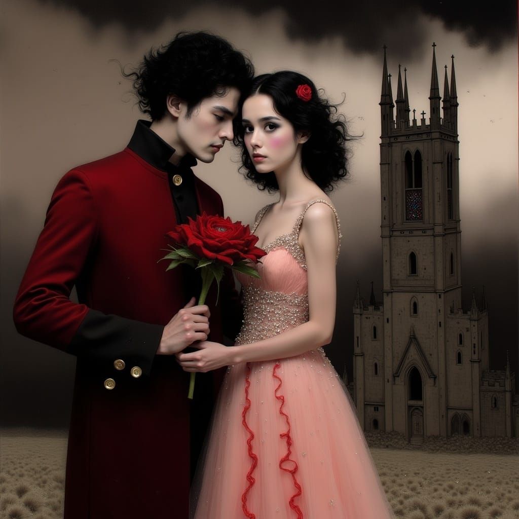 Ethereal Bride in Pastel Pink Gown Beside Mysterious Groom